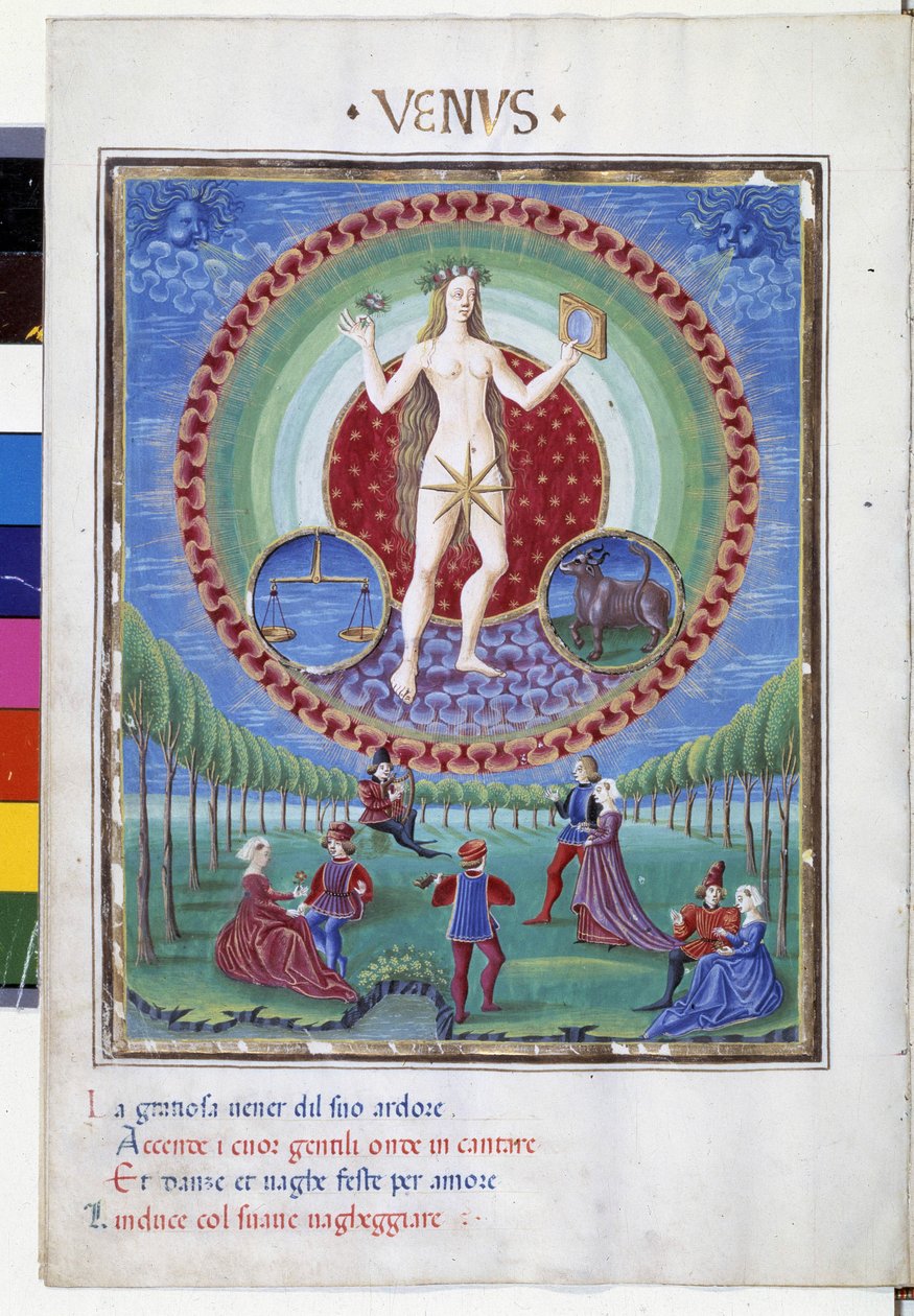 Mukana tasapainon ja härän horoskooppimerkit. Alakerrassa mahtavat kohtaukset. Pienoiskuva, jonka on tehnyt Cristoforo de Predis (v. 1440-v. 1486) - "" De Sphaera""" d