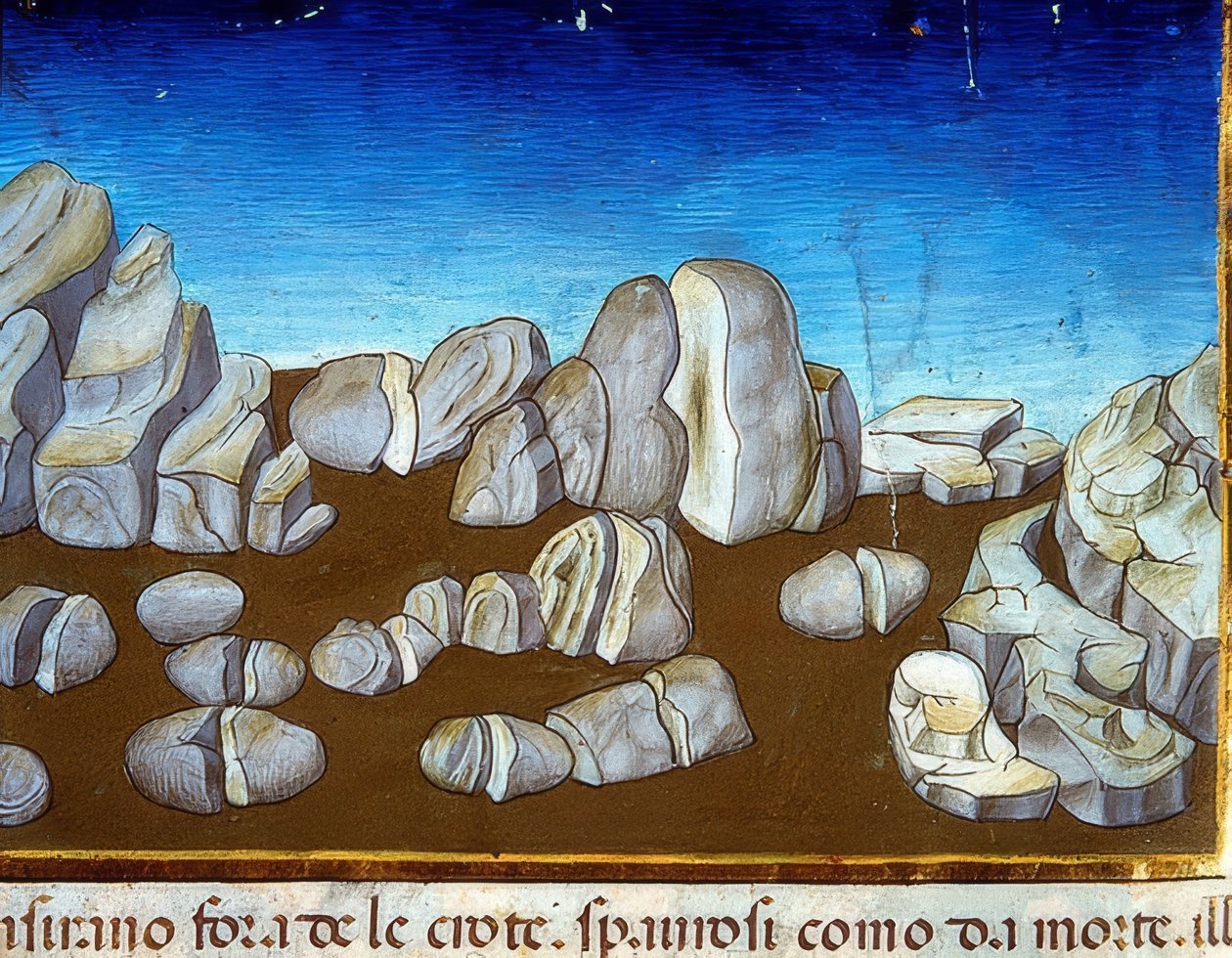 Maailmanloppu: maanjäristys tuhoaa maailman (n. 148v). 1476 tekijältä Cristoforo De Predis