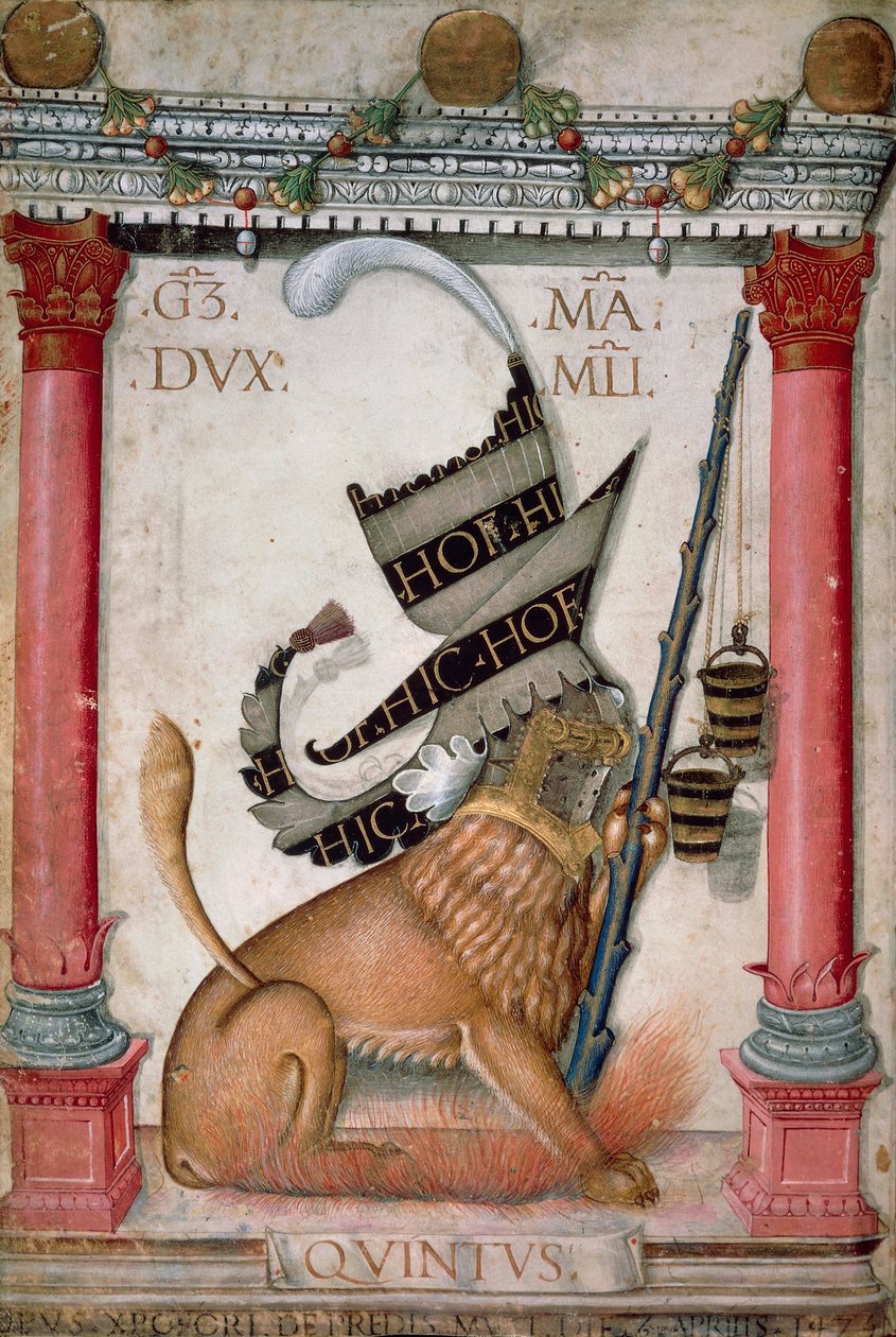 Heraldinen symboli, joka kuvaa Galeazzo Maria Sforzan harjaa leijonalla, kipinöillä ja kauhoilla, Cristoforo de Predisin valaistettu sivu Uuden testamentin koodeksista, varia 124, Italia 1475. tekijältä Cristoforo De Predis