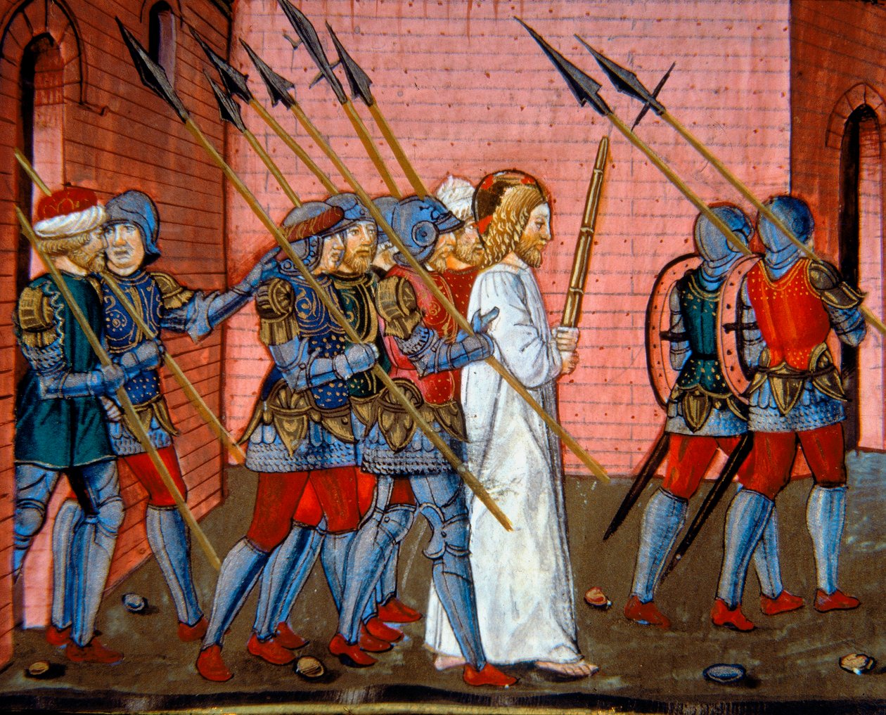 Valaistus, joka kuvaa Kristuksen tuomista takaisin Pilatuksen luo, Codex De Predis (n. 112v) tekijältä Cristoforo De Predis