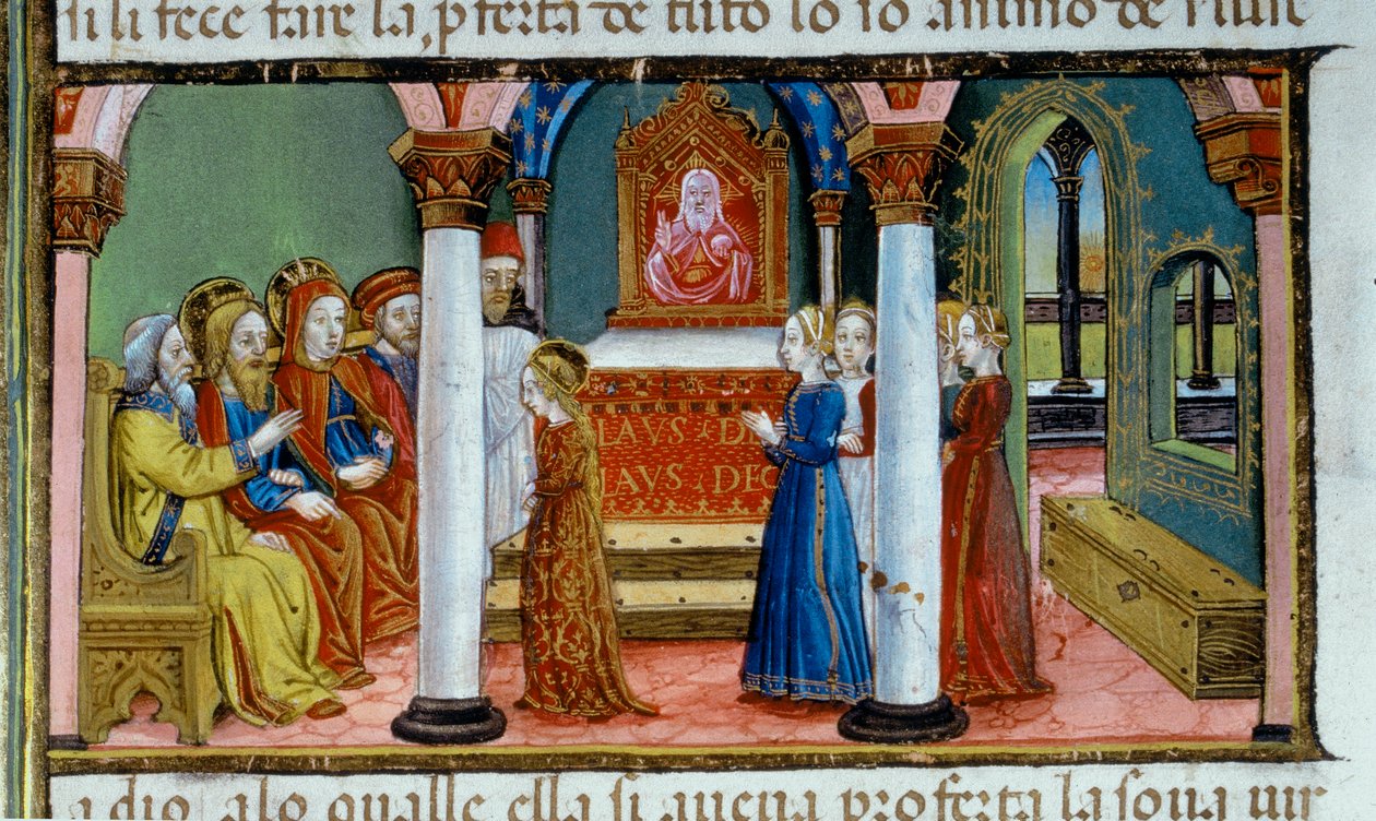 Valaistus, joka kuvaa Mariaa tekemässä neitsyysvalan Codex De Predisissä tekijältä Cristoforo De Predis