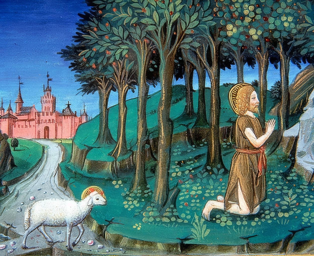 Johannes Kastaja rukoilee kaupungin porteilla (c.143v). 1476 tekijältä Cristoforo De Predis