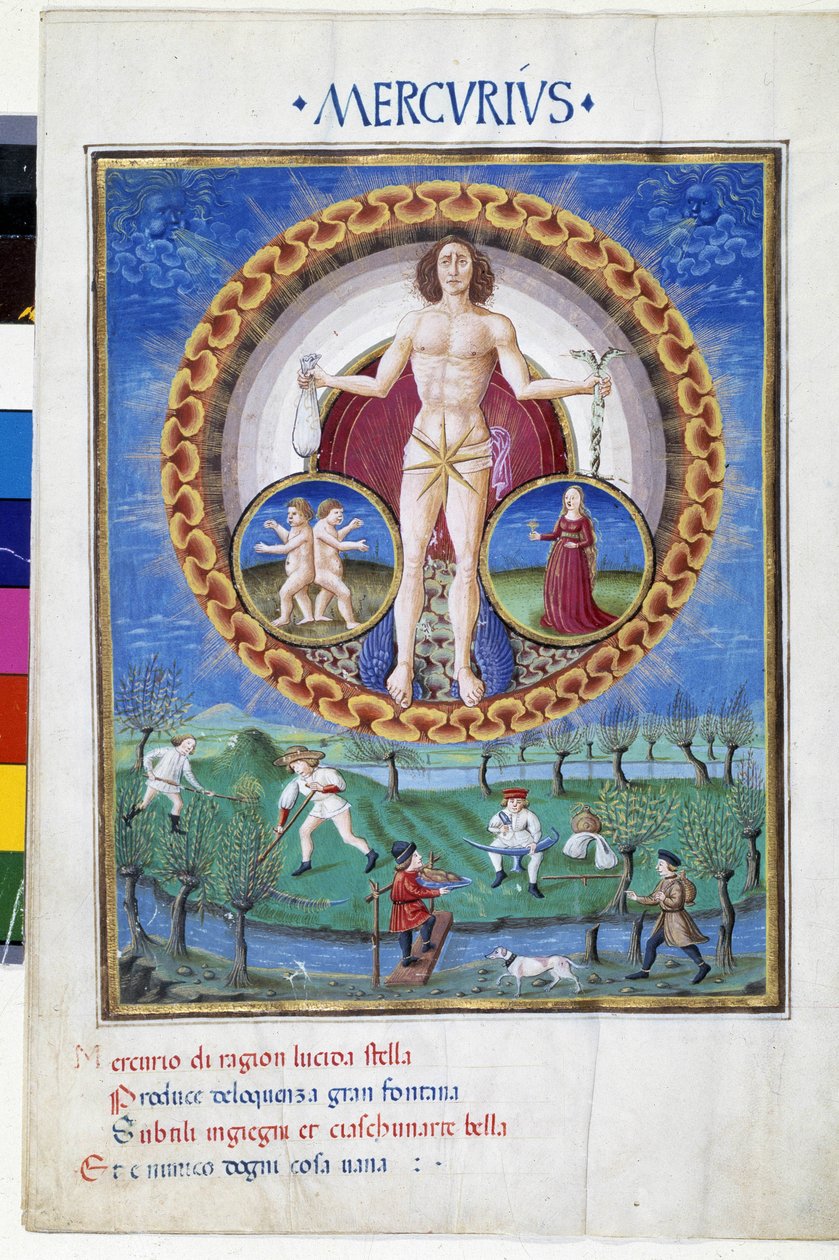 Merkurius Neitsyen ja Gemelien horoskooppimerkeillä. Alakerrassa talonpojat pelloilla. Miniatyyri, jonka on tehnyt Cristoforo de Predis (v. 1440-v. 1486) - "" De Sphaera""" d