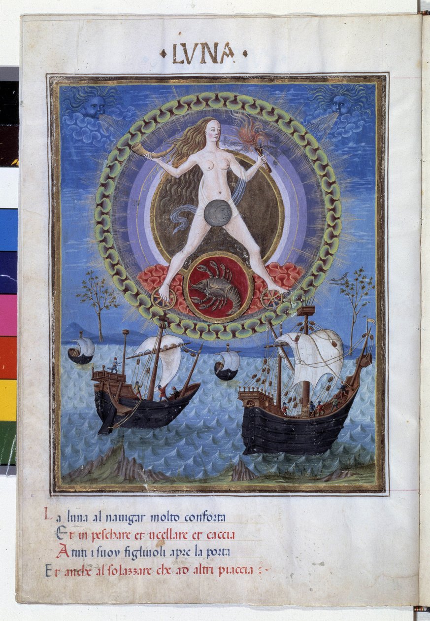 Kuu, jonka horoskooppimerkki on syöpä. Alakerrassa, veneet nousevan mareen aikana. Cristoforo de Predisin (v. 1440-v. 1486) tekemä miniatyyri - teoksessa "De Sphaera" d