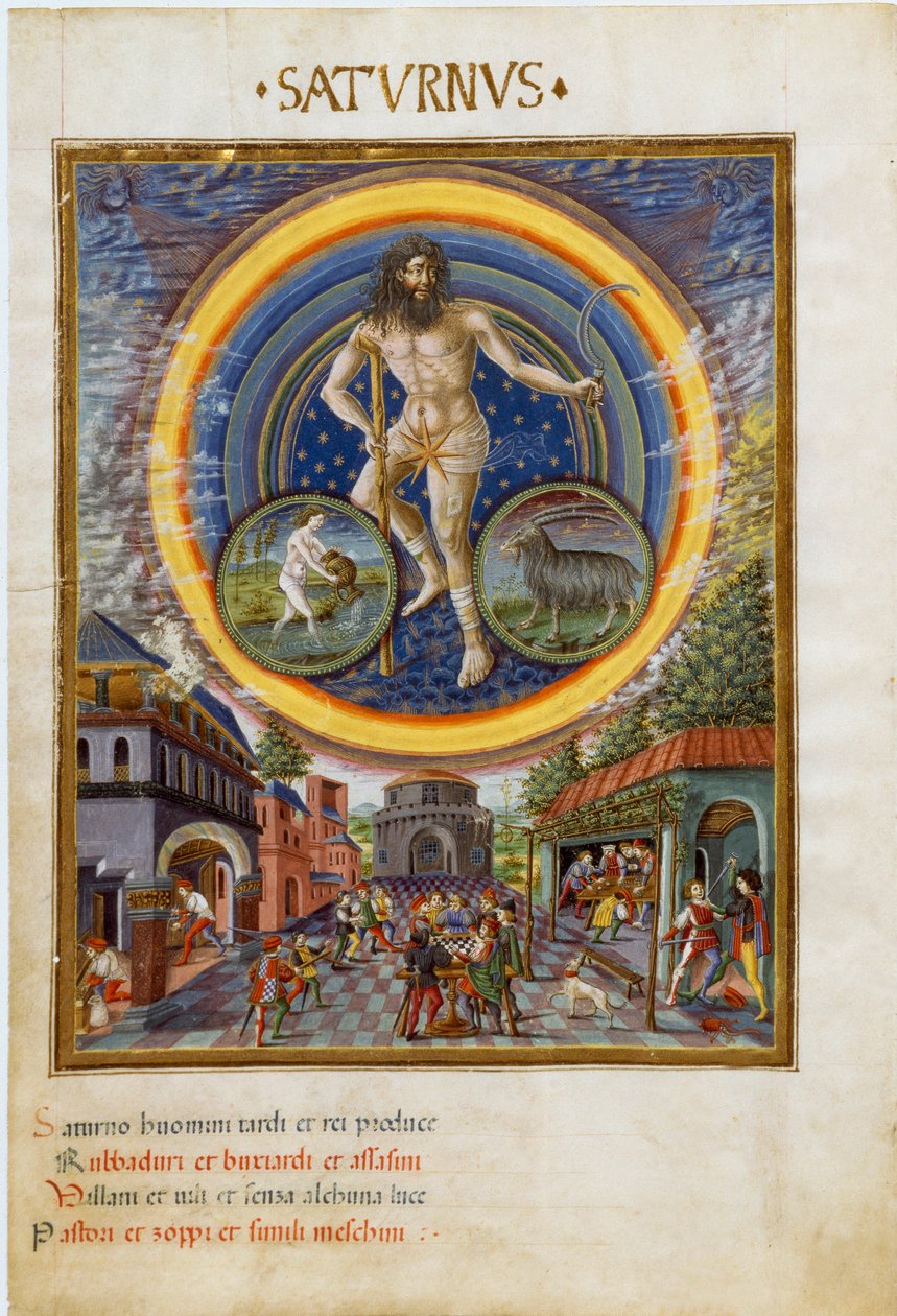Saturnus, jossa on vesimiehen ja kauriin horoskooppimerkkejä. Pelikohtaukset ja sen vaikutus miehiin. (pienikokoinen, n. 1470) tekijältä Cristoforo De Predis