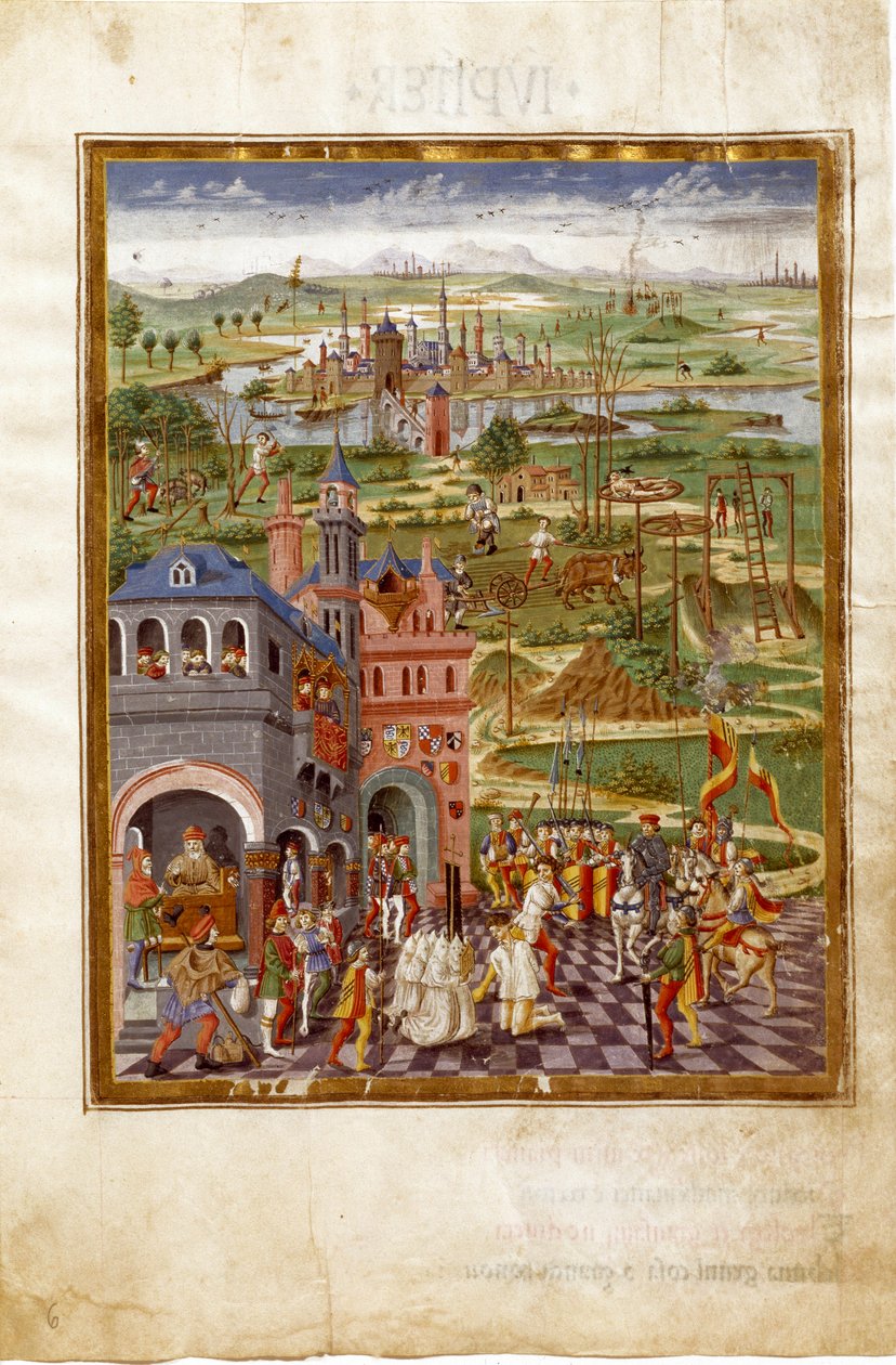 Kohtaus kidutuksesta ja tuomioista keskiaikaisessa kaupungissa. Saturnuksen vaikutteet (miniatyyri, n. 1470) tekijältä Cristoforo De Predis