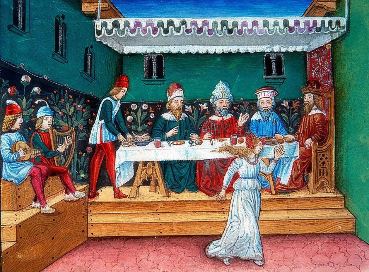 Herodeksen juhlan aikana Salome luovuttaa Johanneksen (n. 144r) pään. 1476 tekijältä Cristoforo De Predis