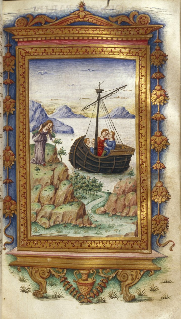 Oenone suree nähdessään Pariisin Helenin kuvituksella Ovidiuksen sankarit-sarjaan, 1485-1499 tekijältä Cristoforo Majorana