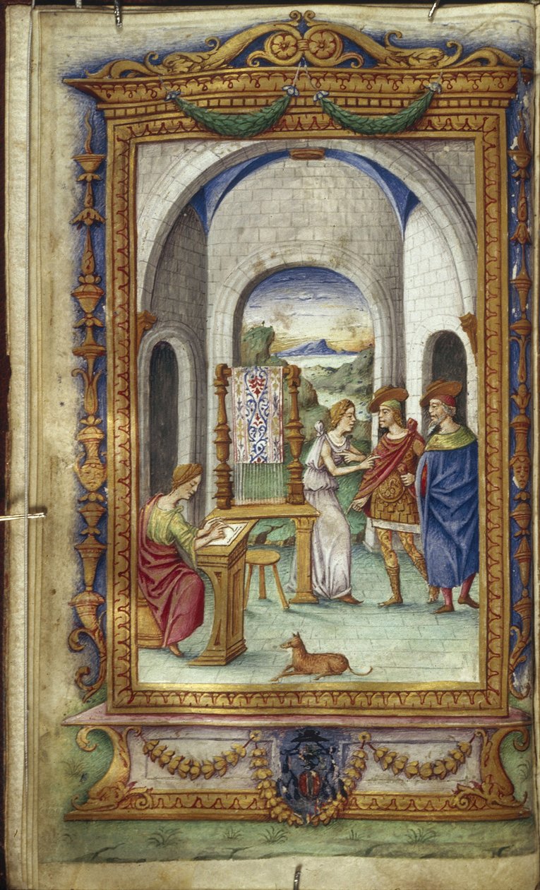 Penelope-kirjoitus, Telemachus ja Laertes kuvitus Ovidiuksen Heroideille, 1485-1499 tekijältä Cristoforo Majorana