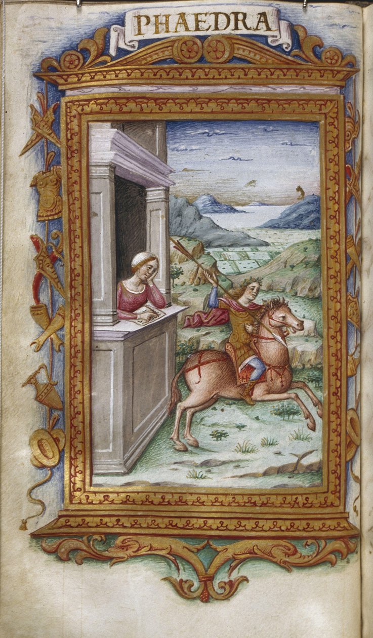 Phaedra katselee Hippolytuksen kuvitusta Ovidiuksen Heroideille, 1485-1499 tekijältä Cristoforo Majorana