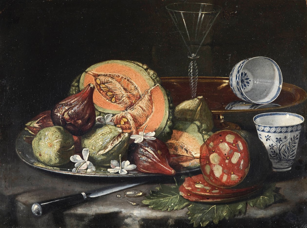 ""Asetelma"" (Asetelma) Meloni, makkara, viikunat ja kiinalainen posliini Cristoforo Monarin (Munari) maalaus (1667-1720), - Öljy kankaalle, 44x56 - Fondation Custodia tekijältä Cristoforo Munari