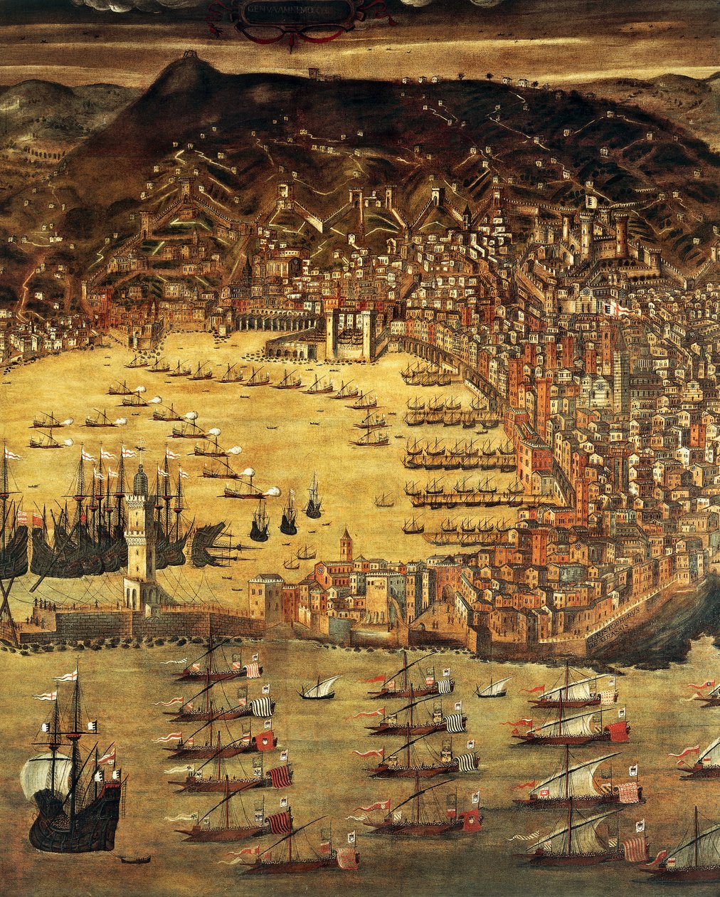 Näkymä Genovaan ja sen satamaan, Cristoforo Grassin maalaus (1565-1598), Italia tekijältä Cristoforo de Grassi