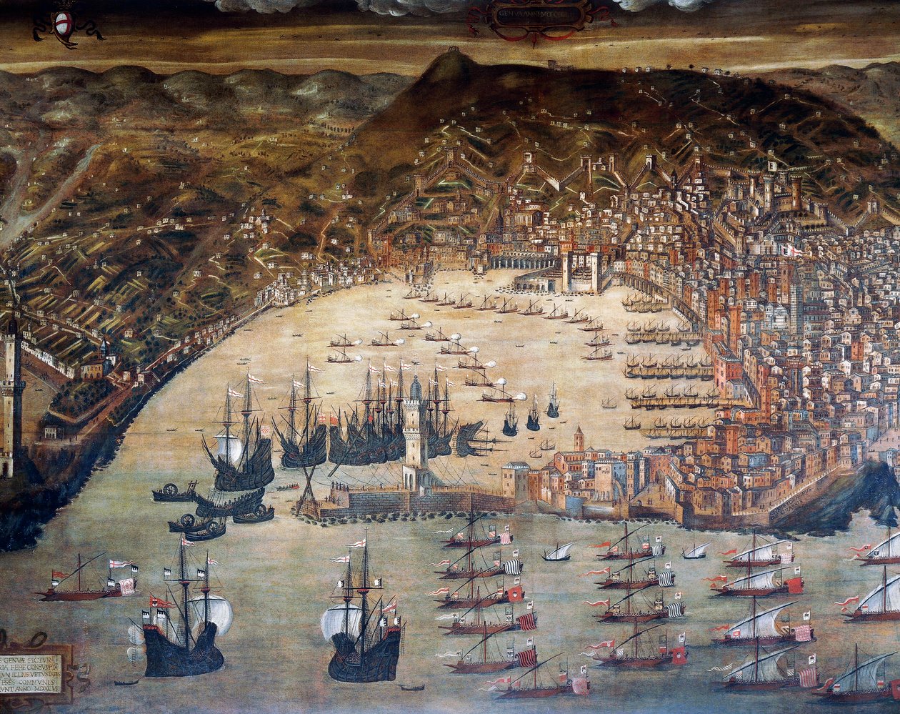 Näkymä Genovasta ja sen satamasta, Cristoforo Grassin maalaus (1565-1598), Italia tekijältä Cristoforo de Grassi