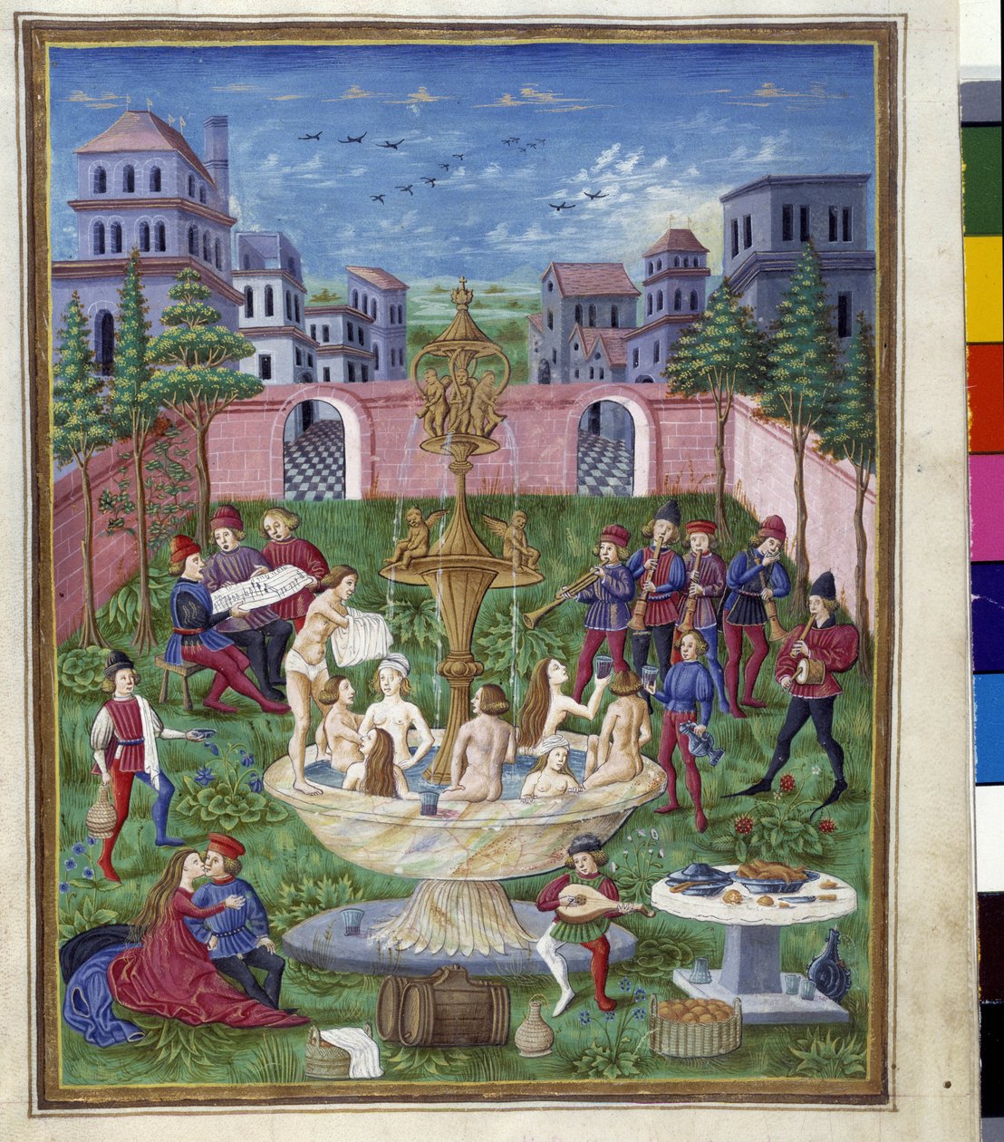 Merkuriuksen vaikutus: Rakkauden puutarha ja nuoruuden lähde. Miniatyyri, jonka on tehnyt Cristoforo de Predis (v. 1440-v. 1486) - "" De Sphaera""" d