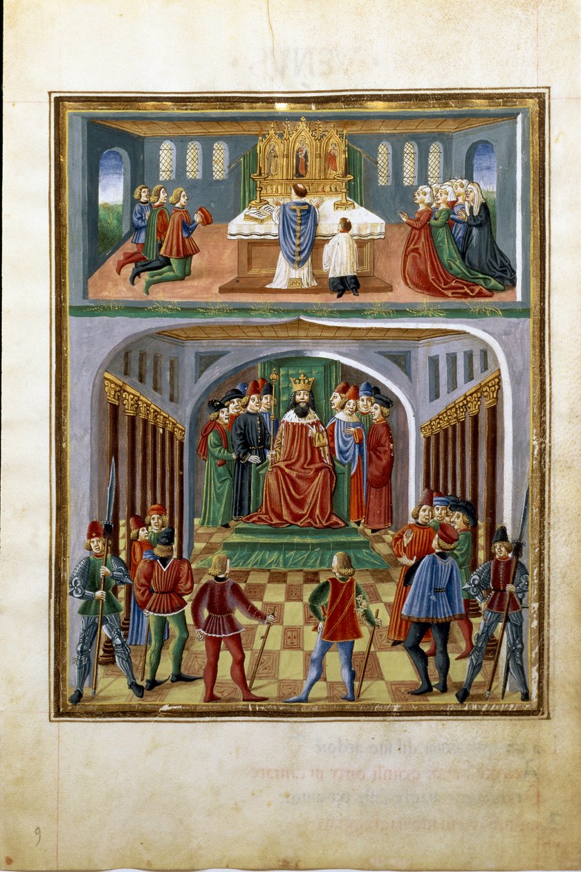 Auringon vaikutus: ajalliset voimat (kuningas ennen hovimiehiä) ja hengelliset voimat (pappi palvelee kirkossa). (pienikokoinen, n. 1470) tekijältä Cristoforo De Predis