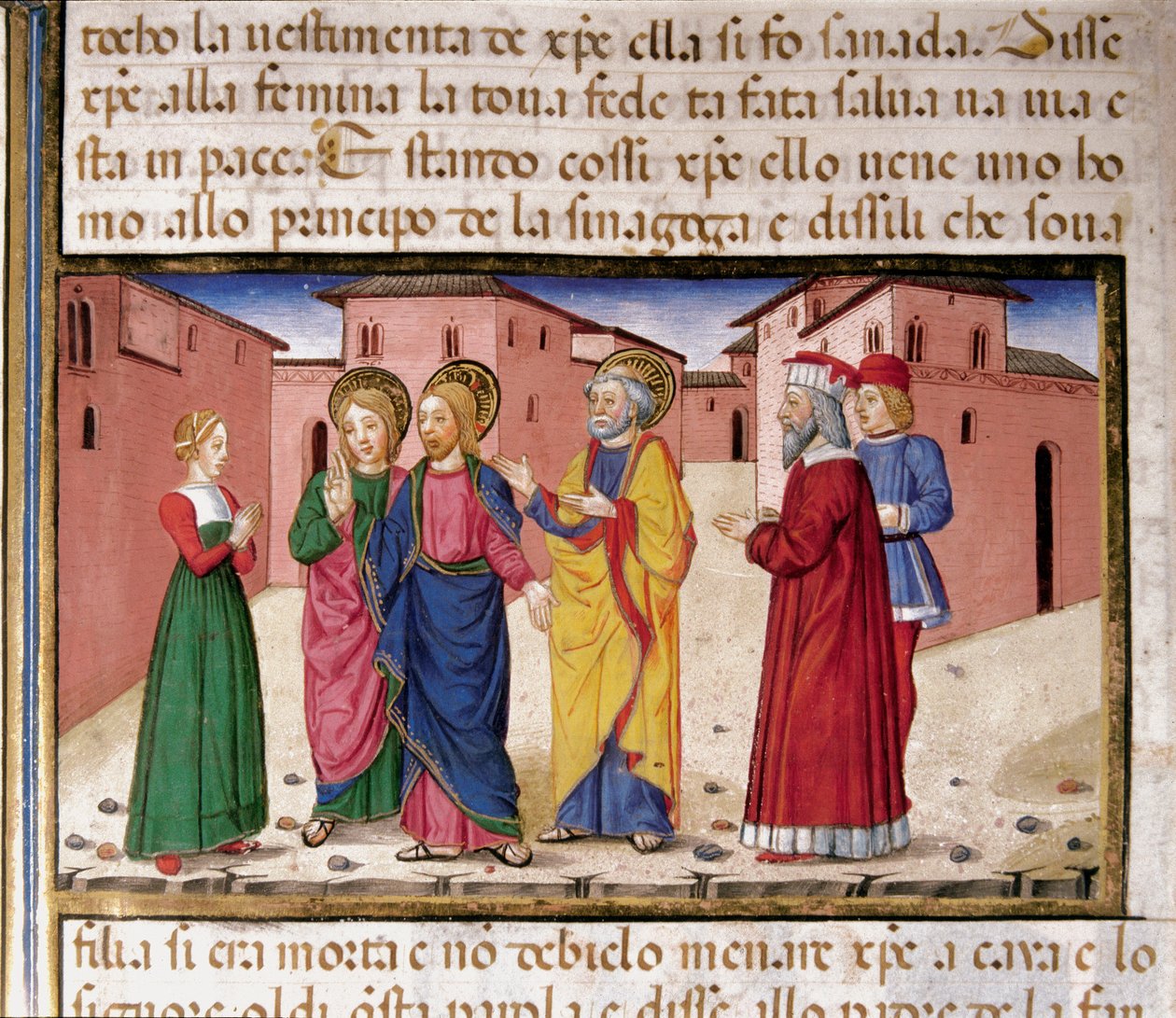 Jeesus puhuttelee aviorikokseen syyllistynyttä naista Cristoforo De Predisin (1440-1486) pienoismalli Uuden testamentin historian jälkeen (61) tekijältä Cristoforo De Predis