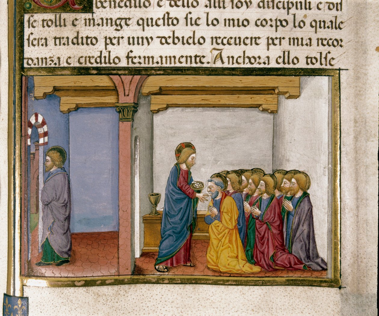 Jeesus antaa leipää apostolille, hänen ruumiinsa symboli, kun taas Juudas tulee ulos pienoismalli Cristoforo De Predisistä (1440-1486) Uuden testamentin historian jälkeen tekijältä Cristoforo De Predis
