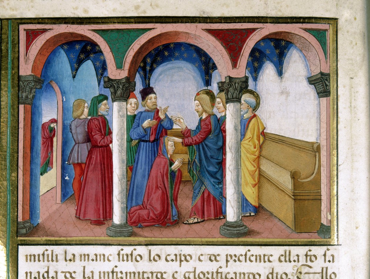 Jeesus suoristaa naisen kierretyillä jäsenillä pienoissynagogassa, jonka on kirjoittanut Cristoforo De Predis (1440-1486) Uuden testamentin historian jälkeen (78) tekijältä Cristoforo De Predis