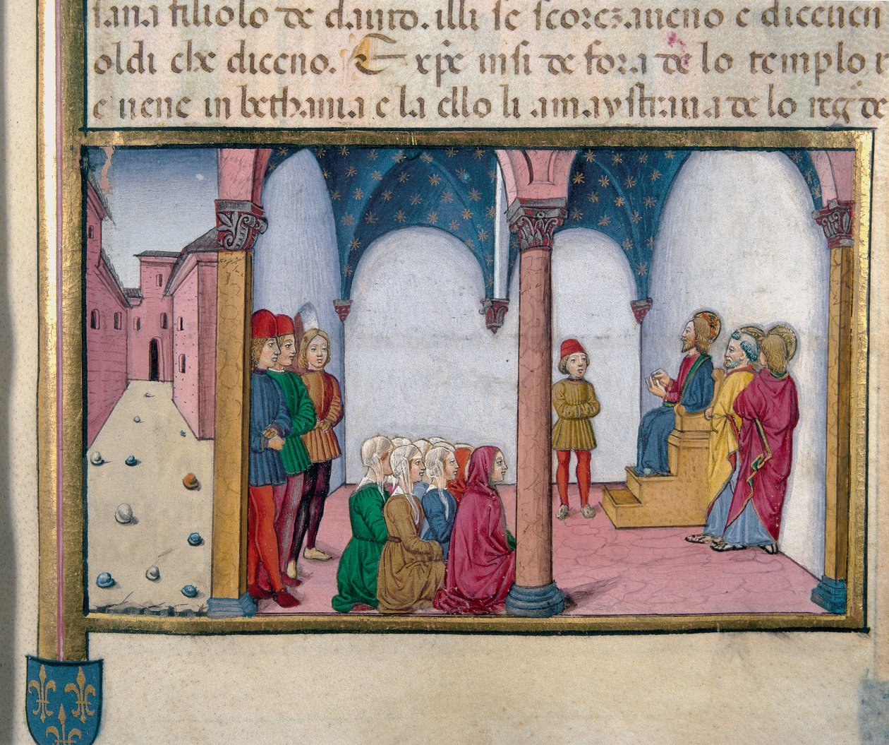 Jeesus opettaa Cristoforo De Predisin pienoistemppelissä (1440-1486) Uuden testamentin historian jälkeen tekijältä Cristoforo De Predis