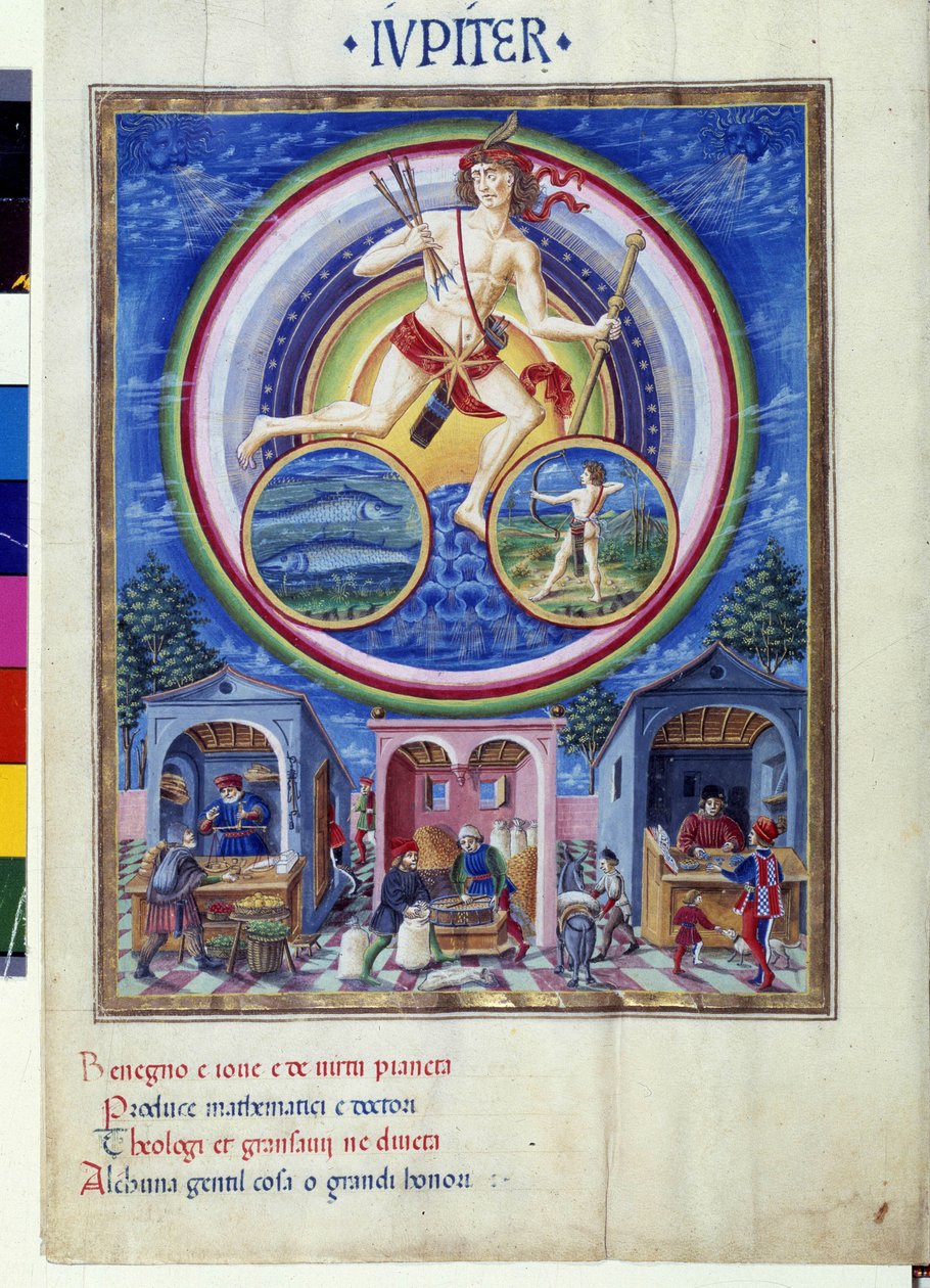 Jupiter kalojen ja Jousimiehen horoskooppimerkeillä. Alakerrassa kauppiaat myyvät erilaisia tavaroita. Miniatyyri, jonka on tehnyt Cristoforo de Predis (v. 1440-v. 1486) - "" De Sphaera""" d
