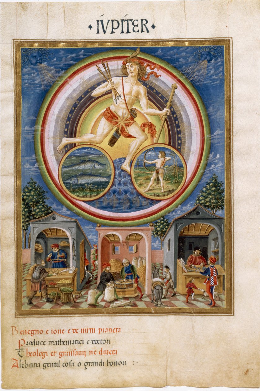 Jupiter kalojen ja Jousimiehen horoskooppimerkeillä. Kauppiaat, jotka myyvät erilaisia tavaroita. (pienikokoinen, n. 1470) tekijältä Cristoforo De Predis
