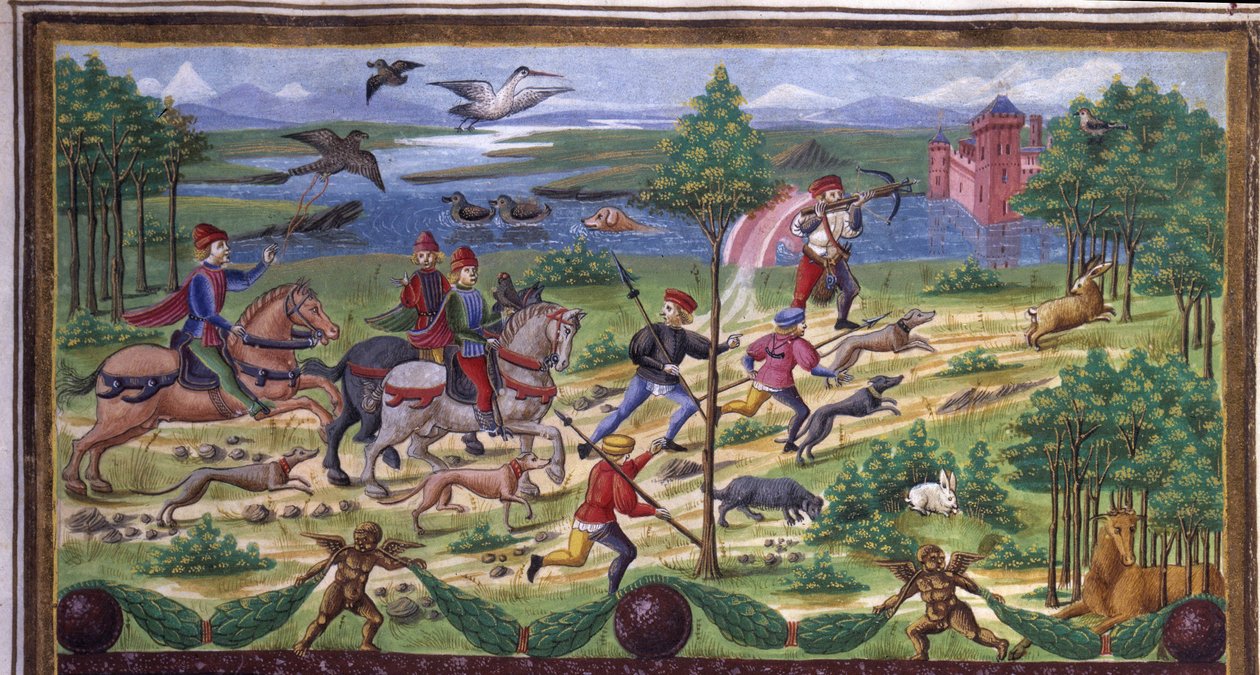 La Chassen yksityiskohta "" Influence de mars -kirjassa": metsästys ja tuomioistuin. Miniatyyri, jonka on tehnyt Cristoforo de Predis (v. 1440-v. 1486) - "" De Sphaera""" d