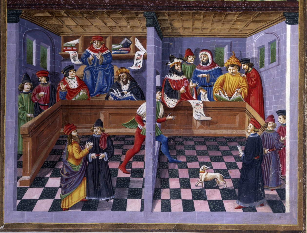 Le Tribunal (Il Tribunale) in "" Influence de mars"": la chasse et le tribunal. Miniatyyri, jonka on tehnyt Cristoforo de Predis (v. 1440-v. 1486) - "" De Sphaera""" d