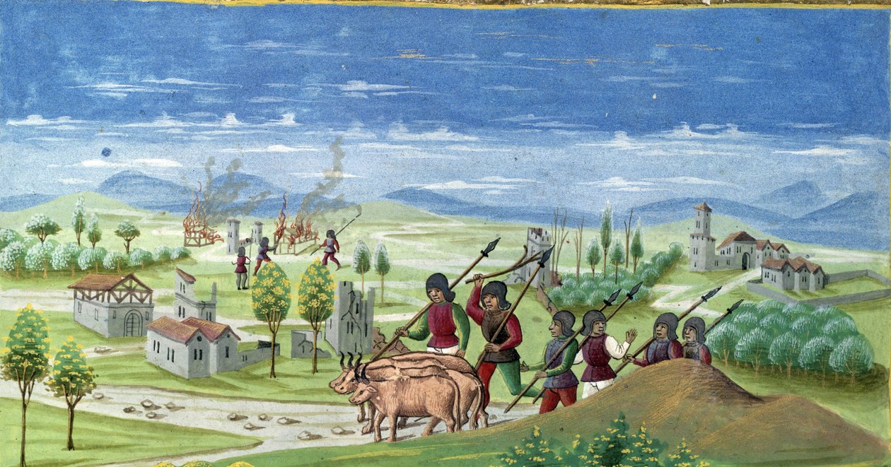 Ryöstely sodan aikana. yksityiskohta "" Sun Influence "": Sota. Miniatyyri, jonka on tehnyt Cristoforo de Predis (v. 1440-v. 1486) - "" De Sphaera""" d