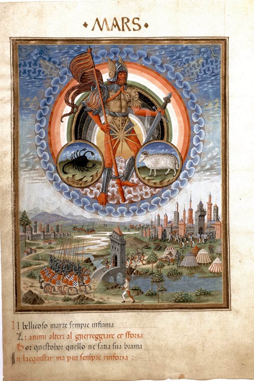 Mars, jossa on skorpionin ja uskovan horoskooppimerkkejä. Taistelukohtaukset. (pienikokoinen, n. 1470) tekijältä Cristoforo De Predis