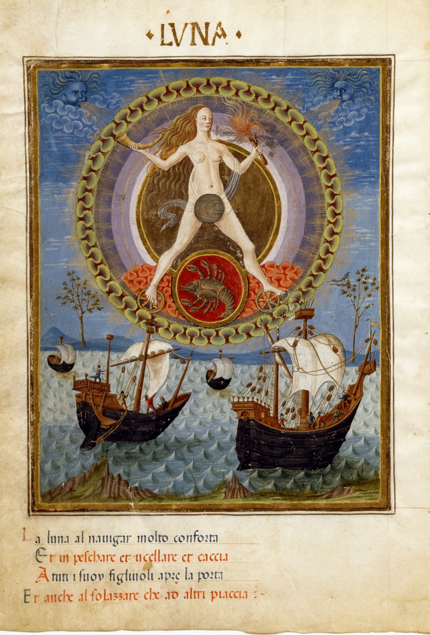 Kuu syövän horoskoopilla. Veneet nousevan tamman aikana (miniatyyri, n. 1470) tekijältä Cristoforo De Predis