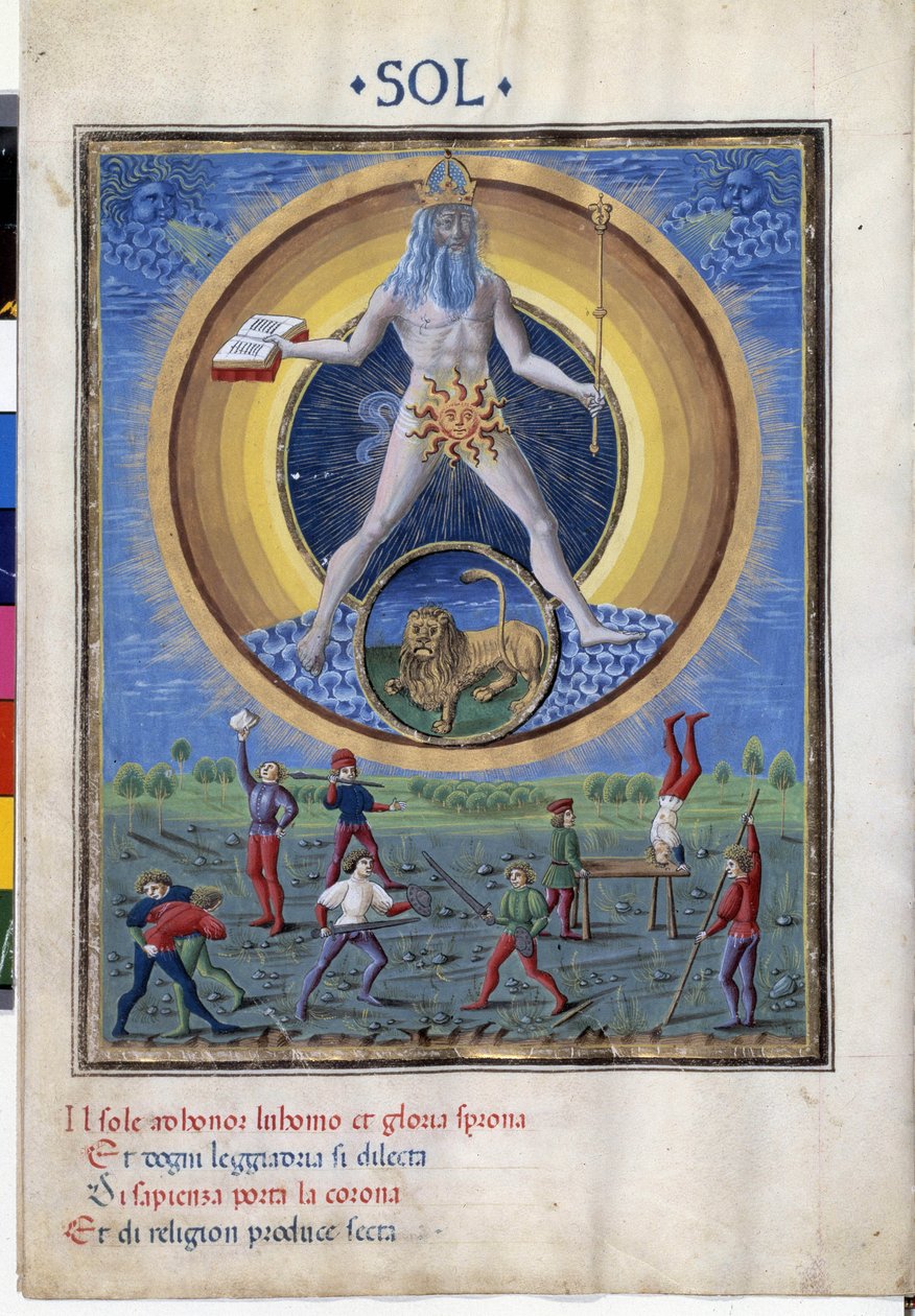 Aurinko leijonan horoskoopilla. Alhaalla on kohtauksia miesten fyysisistä harjoituksista. Miniatyyri, jonka on tehnyt Cristoforo de Predis (v. 1440-v. 1486) - "" De Sphaera""" d