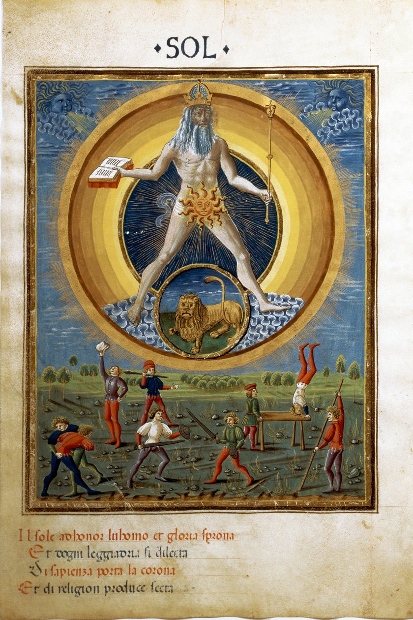 Aurinko leijonan horoskoopilla. Kohtauksia miesten fyysisistä harjoituksista. (pienikokoinen, n. 1470) tekijältä Cristoforo De Predis