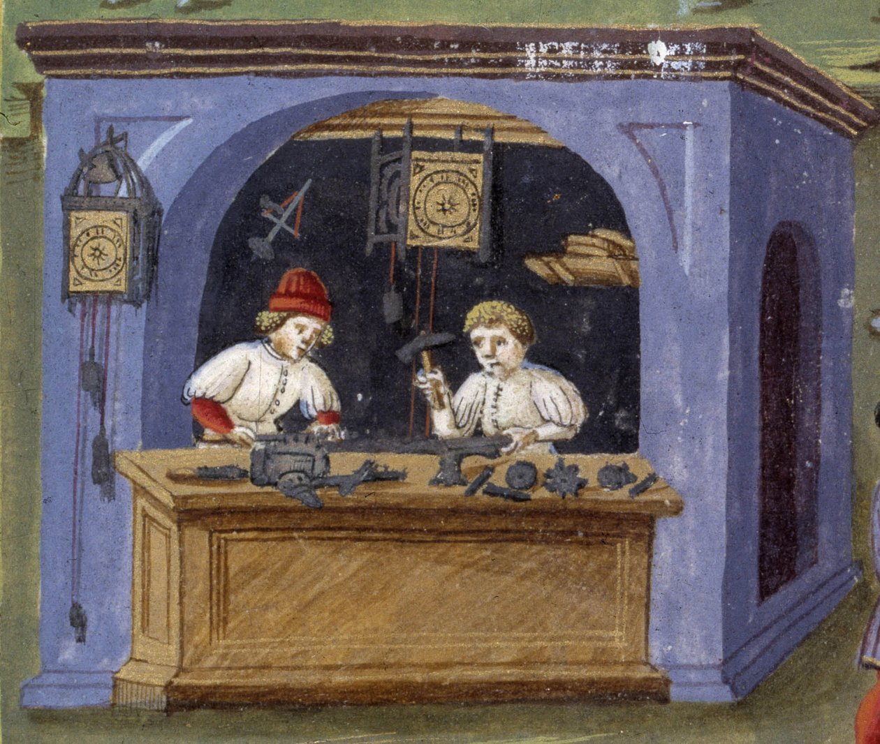 kelloseppä teoksessa "" Influence of the Moon "": käsityöläiset. Miniatyyri, jonka on tehnyt Cristoforo de Predis (v. 1440-v. 1486) - "" De Sphaera""" d