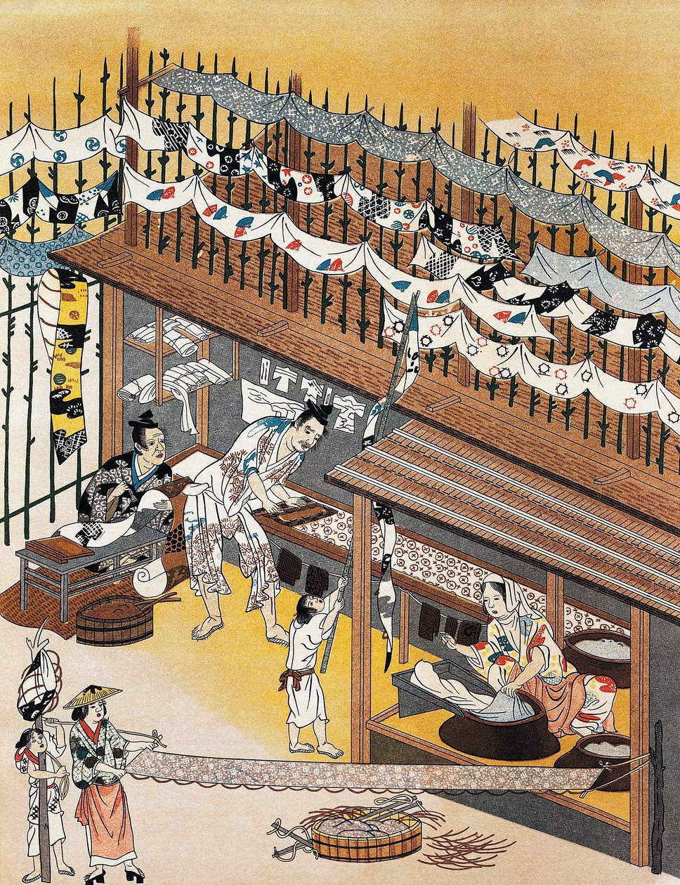 Käsityöläiset töissä, silkkikankaiden maalaus, Edo-kausi (1600-1868) tekijältä Culture Edo