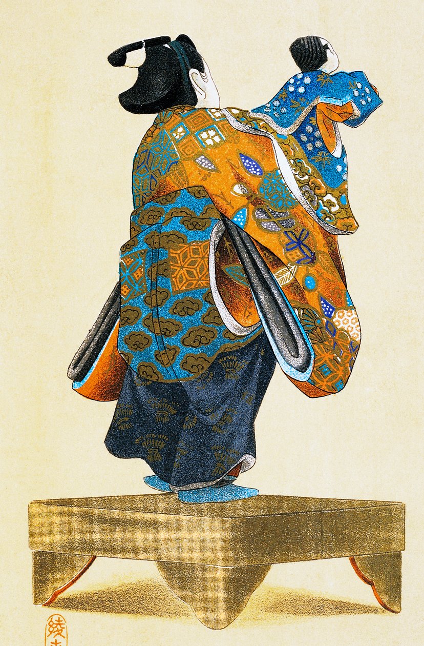 Nukkenäyttelijä nukkella takaa katsottuna, ukiyo-e taideprintti, jäljennös puupiirroksesta, japanilainen sivilisaatio, Edo-kausi tekijältä Culture Edo