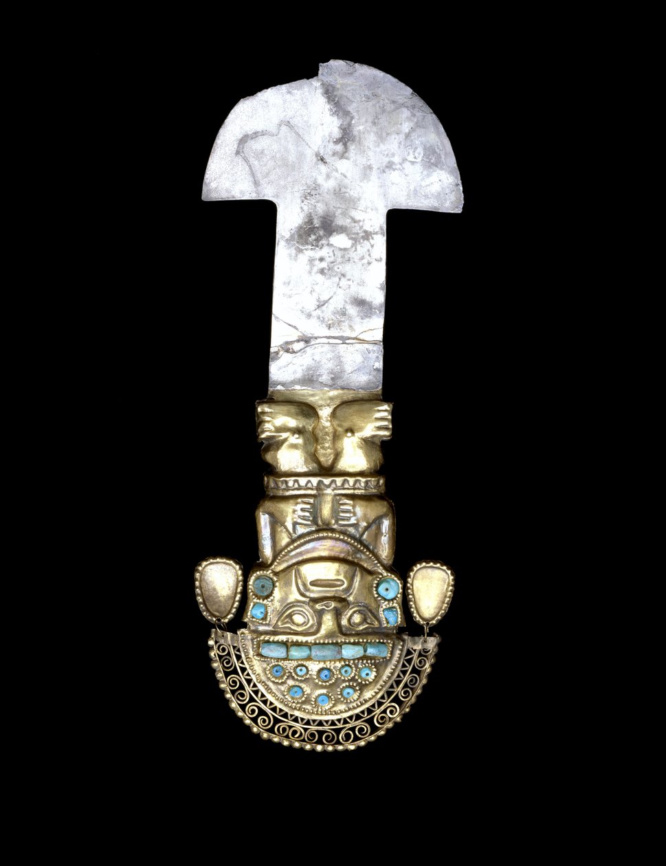 Seremoniallinen tumi, Keski-Sicán-kausi, 900-1100 (kulta, hopea ja turkoosi) tekijältä Culture Sicán