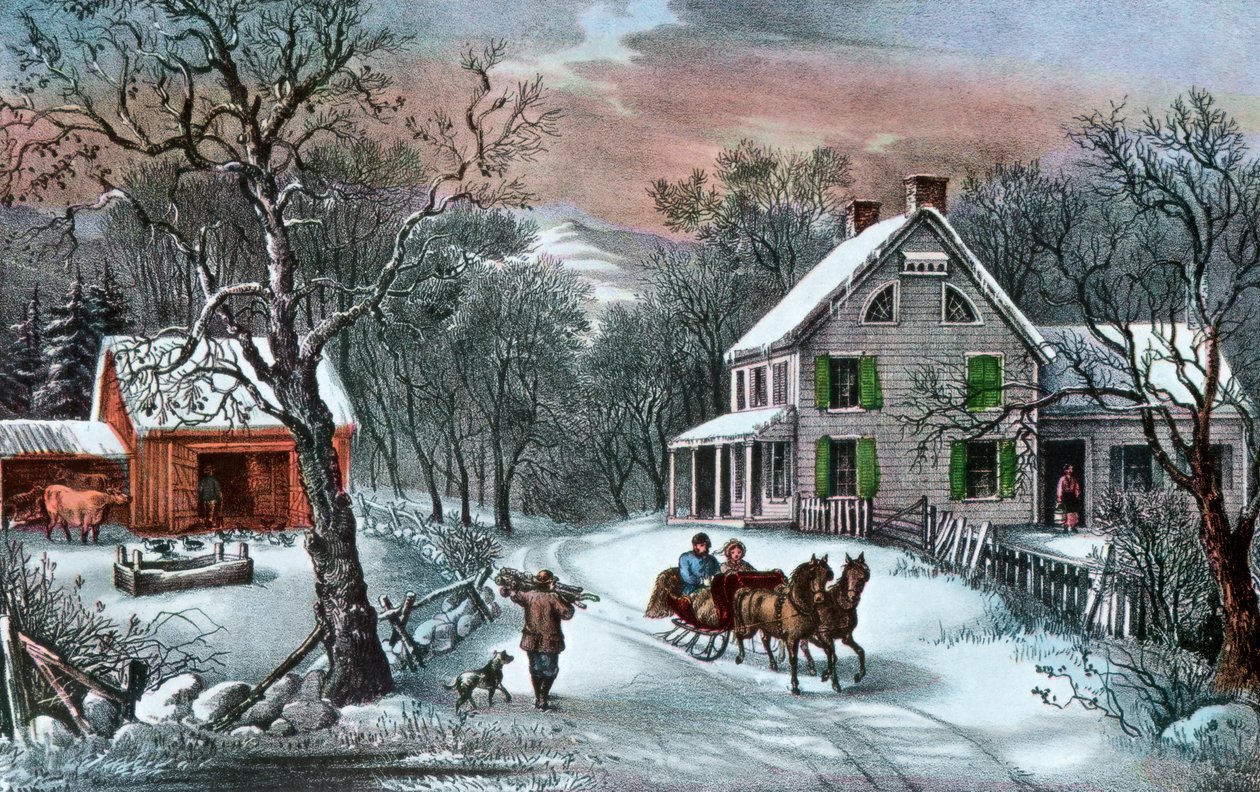 American Homestead talvella, 1868 tekijältä Currier and Ives