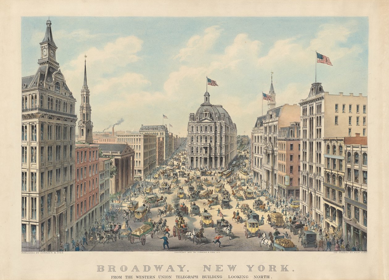 Broadway, New York: Western Union Telegraph -rakennuksesta katsoen pohjoiseen tekijältä Currier and Ives