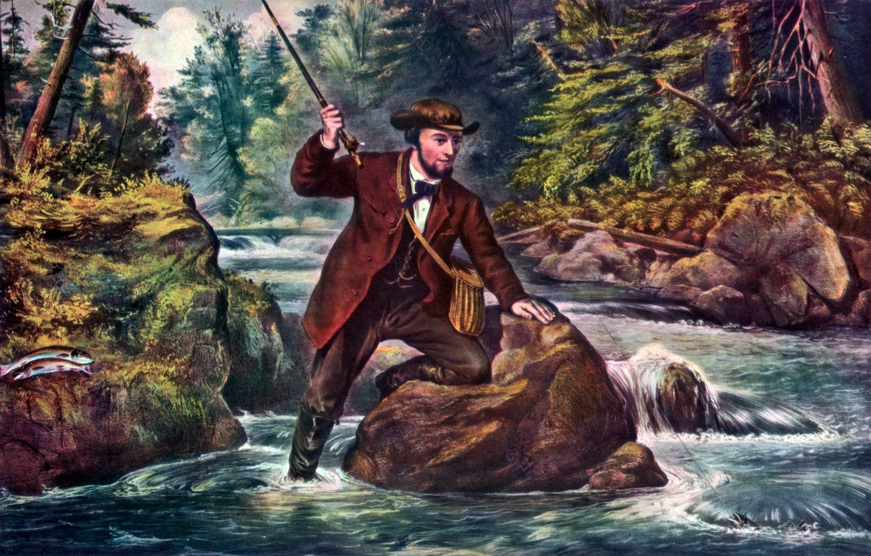 Purotaimenen kalastus, 1862. tekijältä Currier and Ives