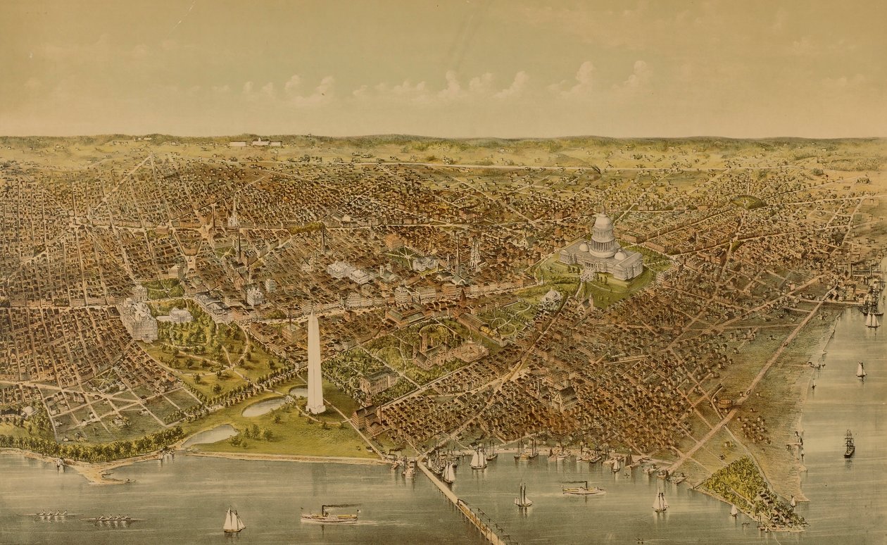 Washingtonin kaupunki (lintuperspektiivistä Potomacista pohjoiseen katsottuna) tekijältä Currier and Ives