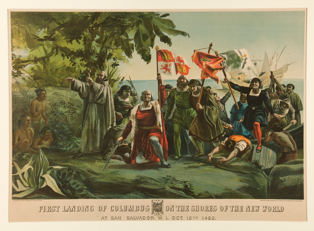 aKolumbuksen ensimmäinen laskeutuminen uuden maailman rannoille tekijältä Currier and Ives