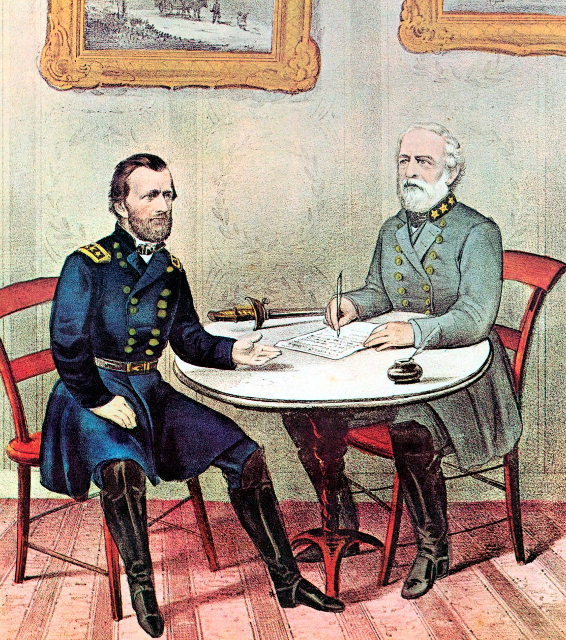 Kenraalien kokous Grant vasemmalle ja Lee, Amerikan sisällissota, 1865 tekijältä Currier and Ives