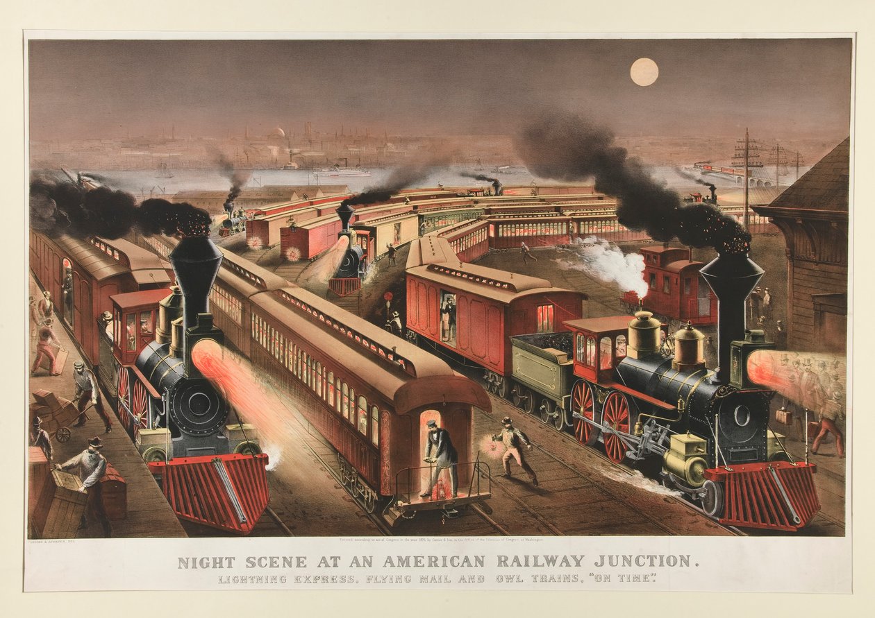 Yökohtaus Amerikan rautatieristeyksessä tekijältä Currier and Ives