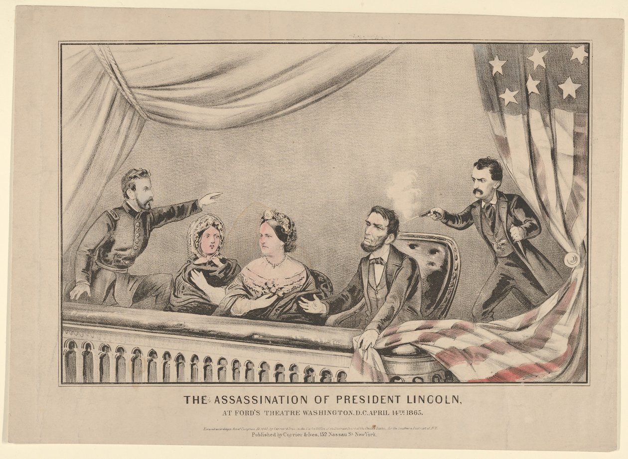 Presidentti Lincolnin salamurha Fords Theatressa, Washington D.C.:ssä, 14. huhtikuuta 1865, 1865. tekijältä Currier and Ives