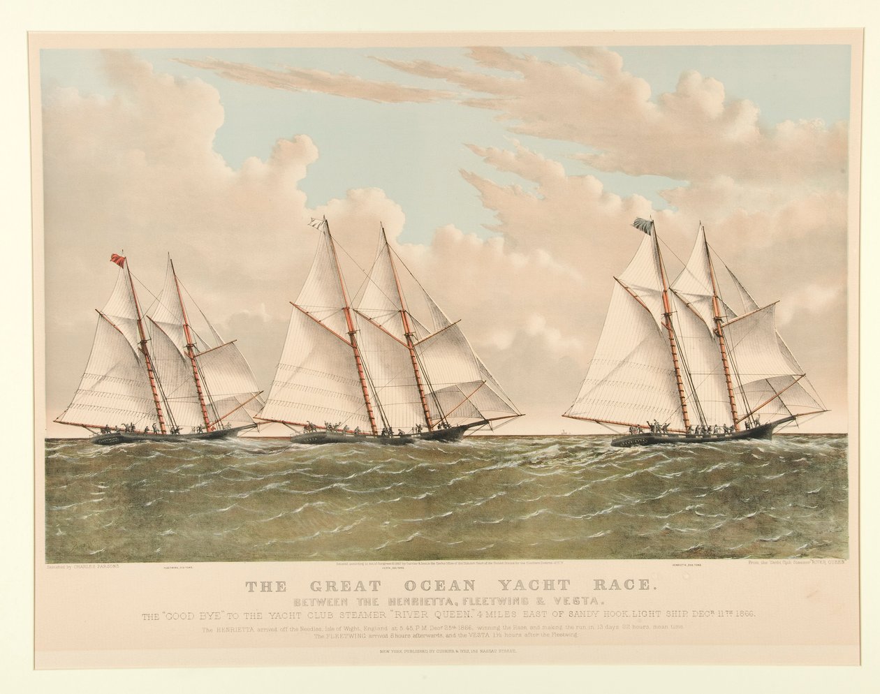 Great Ocean Yacht Race Henriettan, Fleetwingin ja Vestan välillä tekijältä Currier and Ives