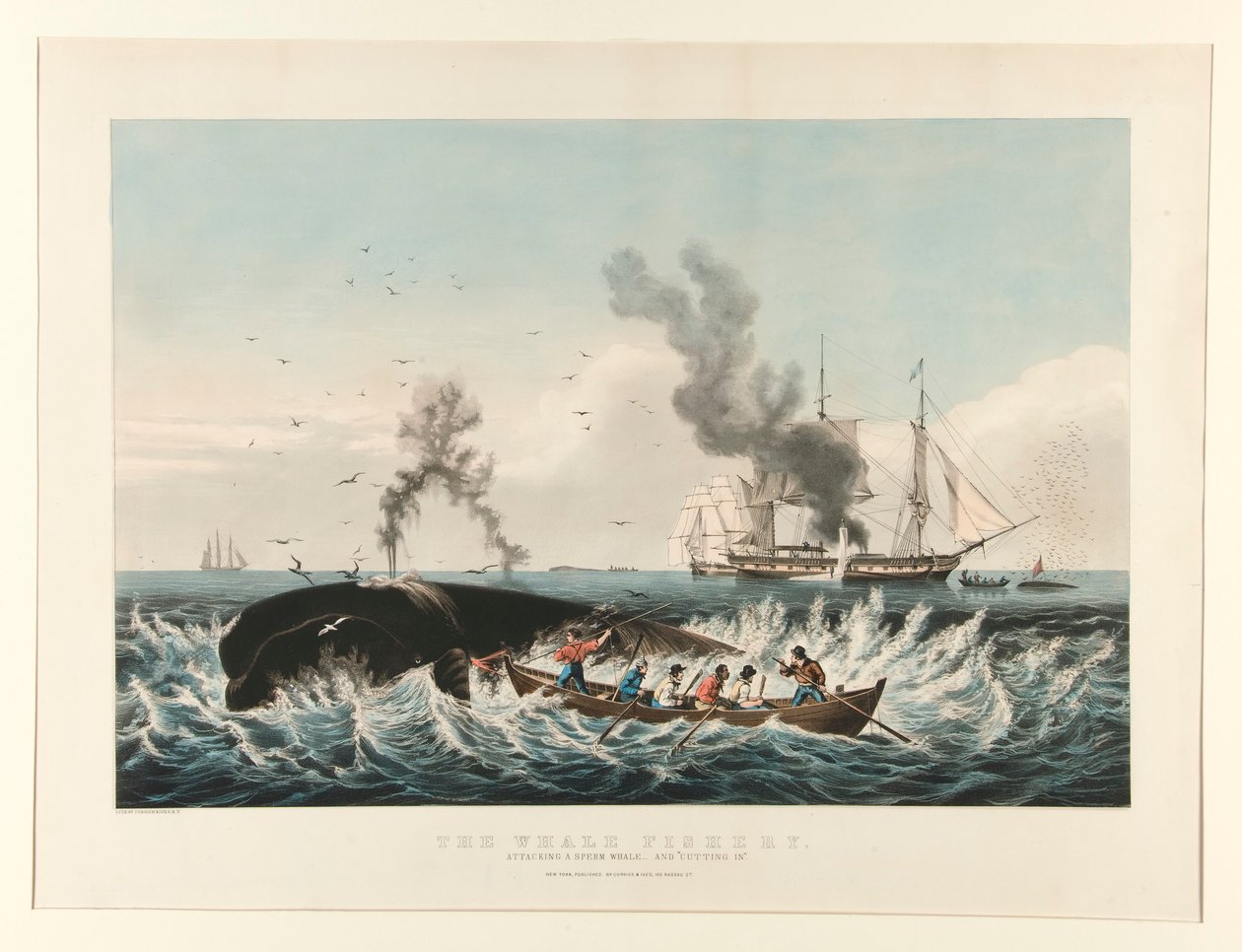 Valaiden kalastus:/ Kaskelovalaan hyökkääminen tekijältä Currier and Ives