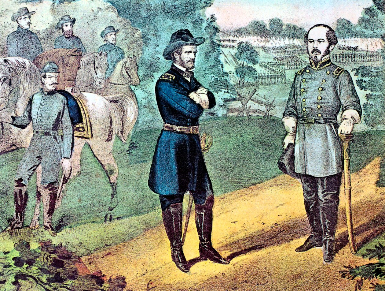 Konfederaation joukkojen antautuminen Pohjois-Carolinassa, Amerikan sisällissota, 1865 tekijältä Currier and Ives