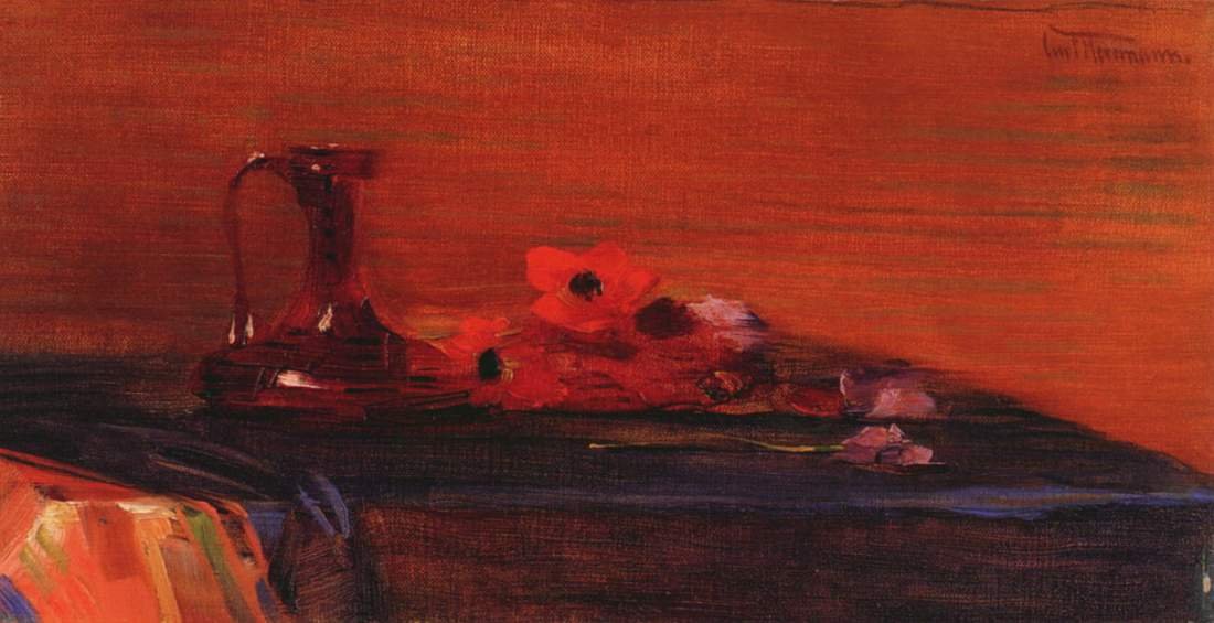 Stilleben mit Anemonen und dunkelroter Glaskaraffe tekijältä Curt Herrmann