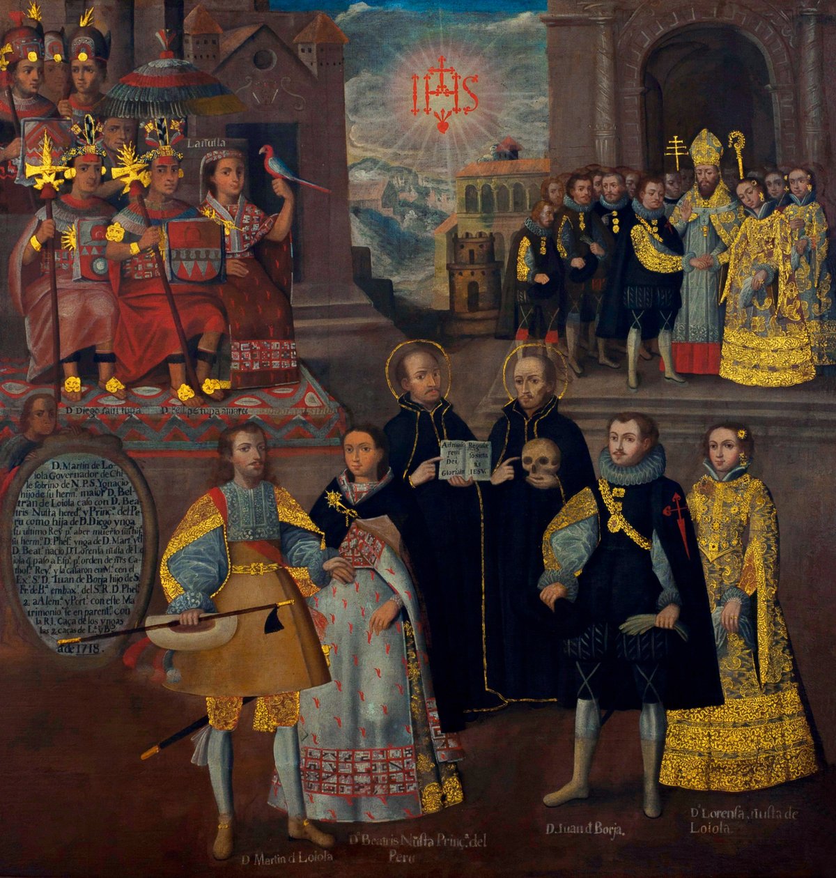 Martín de Loyolan avioliitto Doña Beatriz Ñustan kanssa ja Don Juan Borjan avioliitto Lorenza Ñustan kanssa. tekijältä Cuzco School