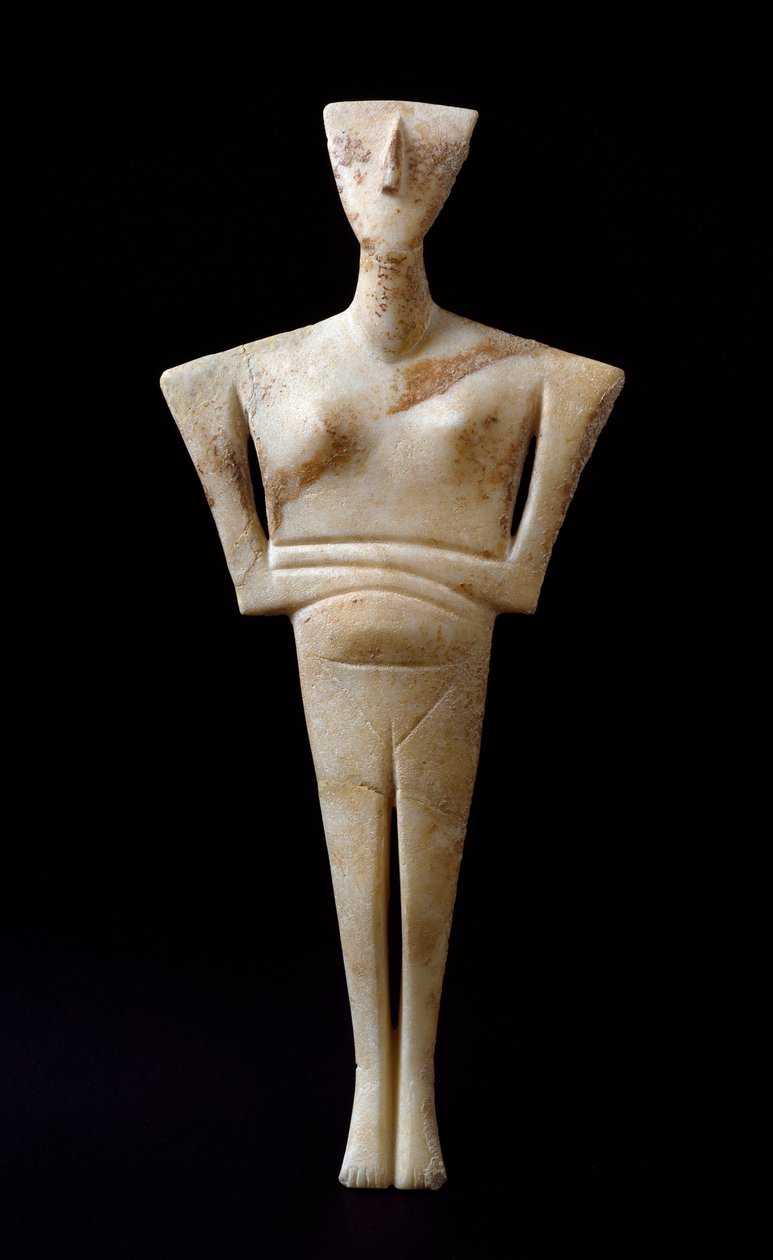 Art of Cyclades: "" naishahmo""" marmori-idoli Syrosilta. 3000 eaa. Kykladien sivilisaatio (-3200–2000) Su. 46 cm Athenes, Kansallinen arkeologinen museo - Naisjumala, Syrosista - Marmoriveistos (K. 46 cm), kykladien kulisaatio, n. 3000 eKr. - Nati tekijältä Cycladic
